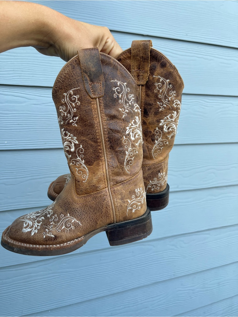 Old West Brown Leather Kids Western Boots with White Embroidery
